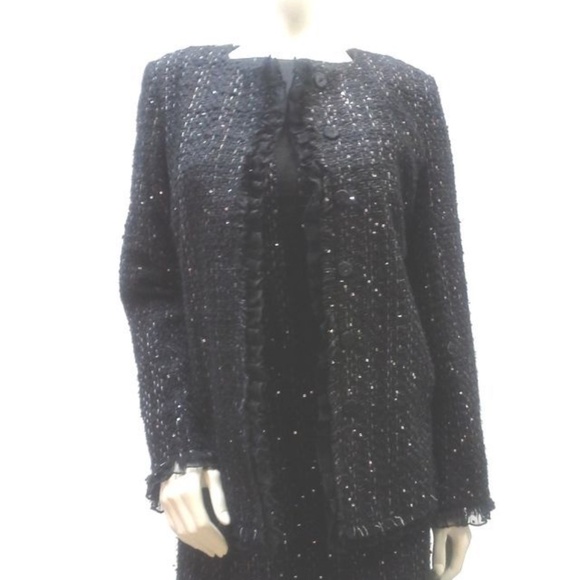 Black Shimmer Tweed Suit Shift Dress Blazer Set Chiffon Ruffle Trim Size 6 Small - Picture 1 of 2